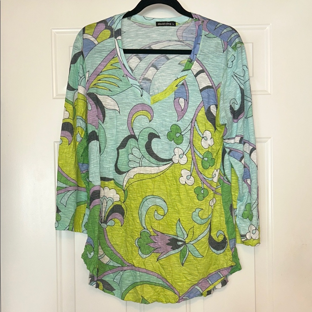 David Cline Multicolor Floral LS V-Neck Tunic Top L Hi/Low Hem Textured